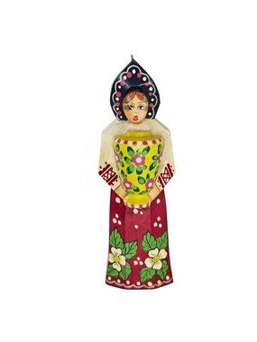 Russian Wooden Hand Painted Doll Ornament Folk Art Decor 4.5" Tall Carrying Vase